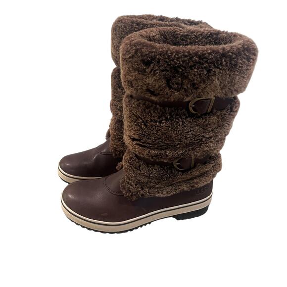 UGG Boots Womens Size 7 Brown Faux Fur Leather Buckle Winter Snow Shoes - Picture 3 of 13